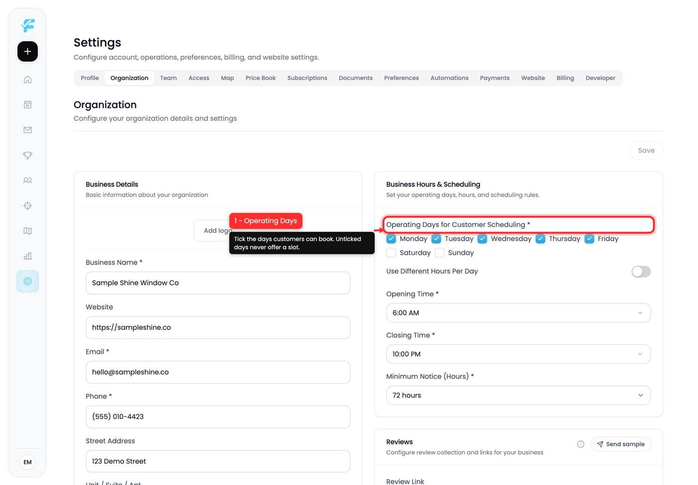 Operating Days checkboxes