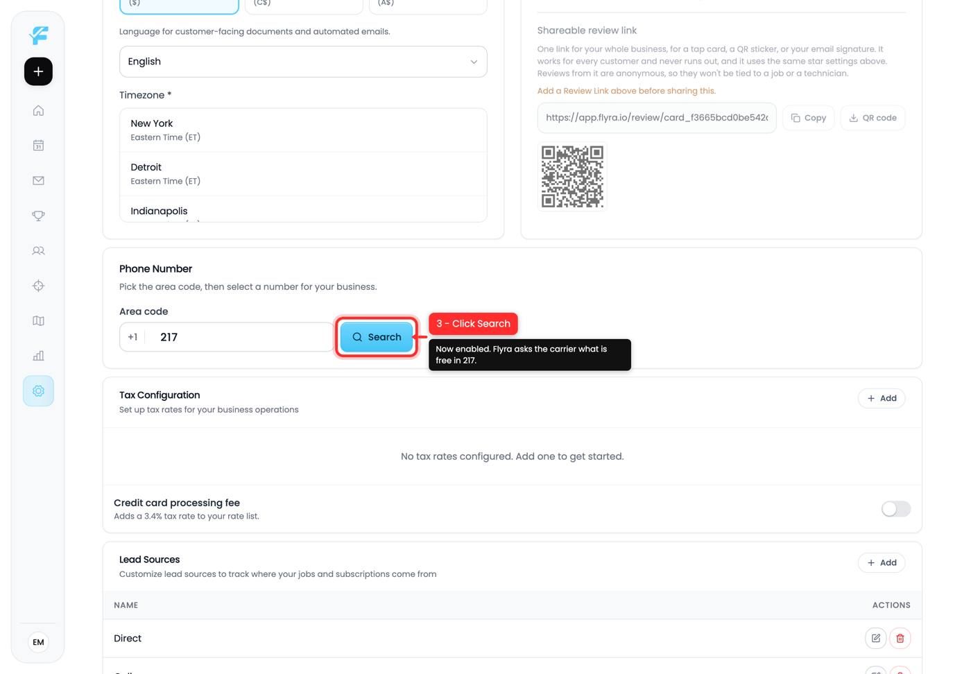 Type the area code and click Search