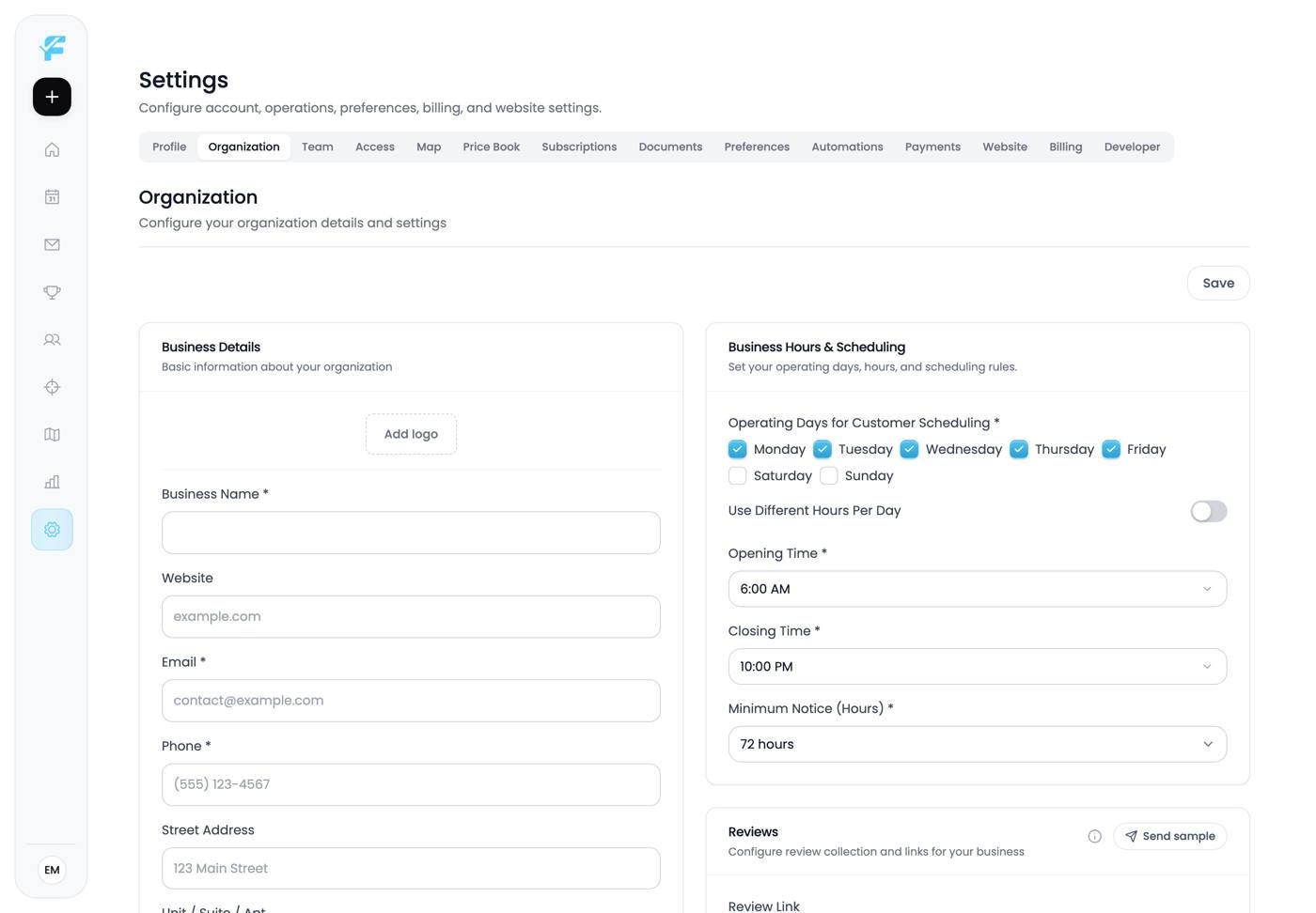The empty Organization page on a new account