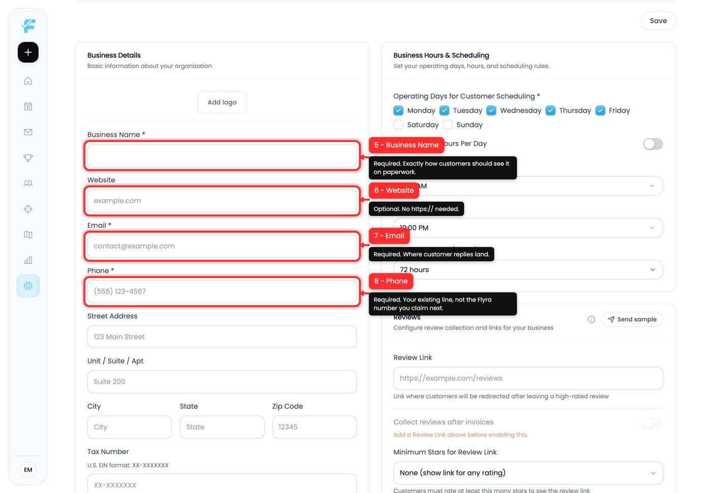 Business name, website, email and phone fields