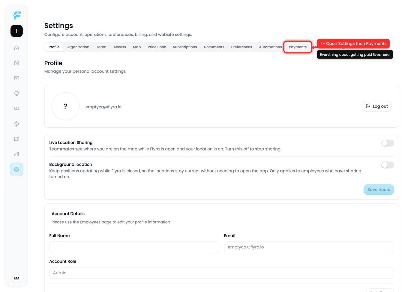 The Payments tab in Settings