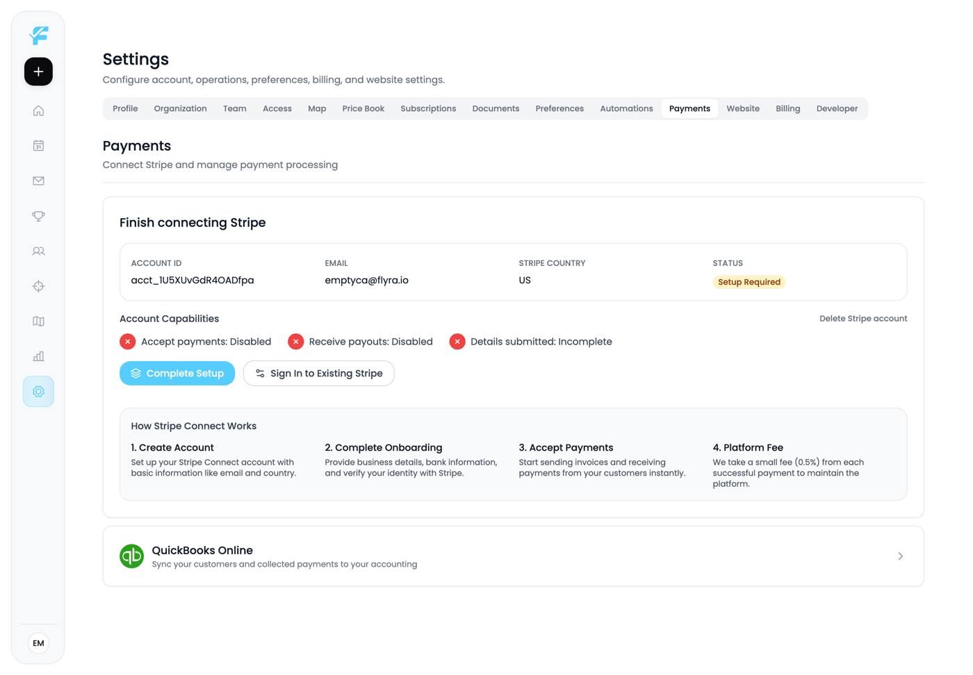 The Payments settings page