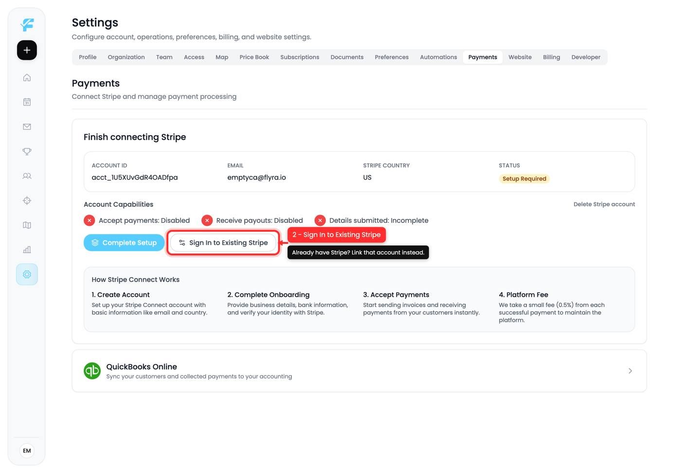 The Sign In to Existing Stripe option