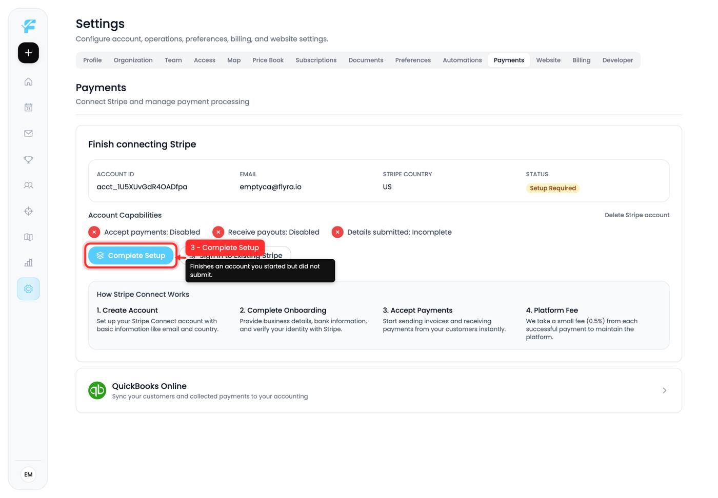 The Complete Setup button on a partly connected account