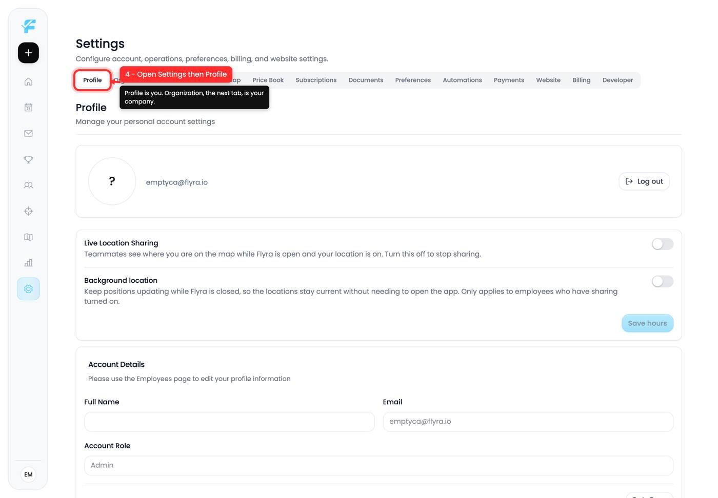 Opening Settings, which lands on Profile