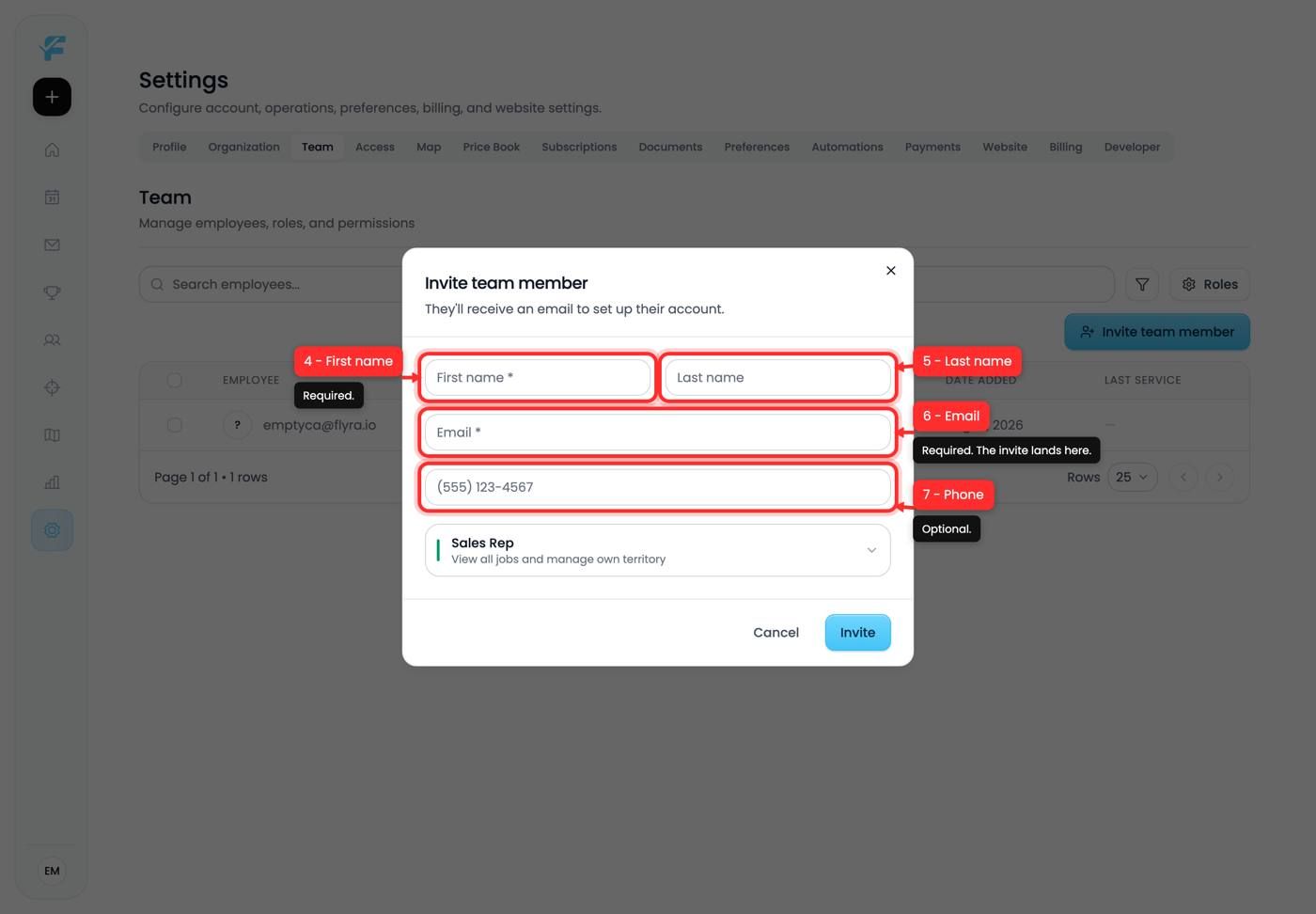The invite form fields