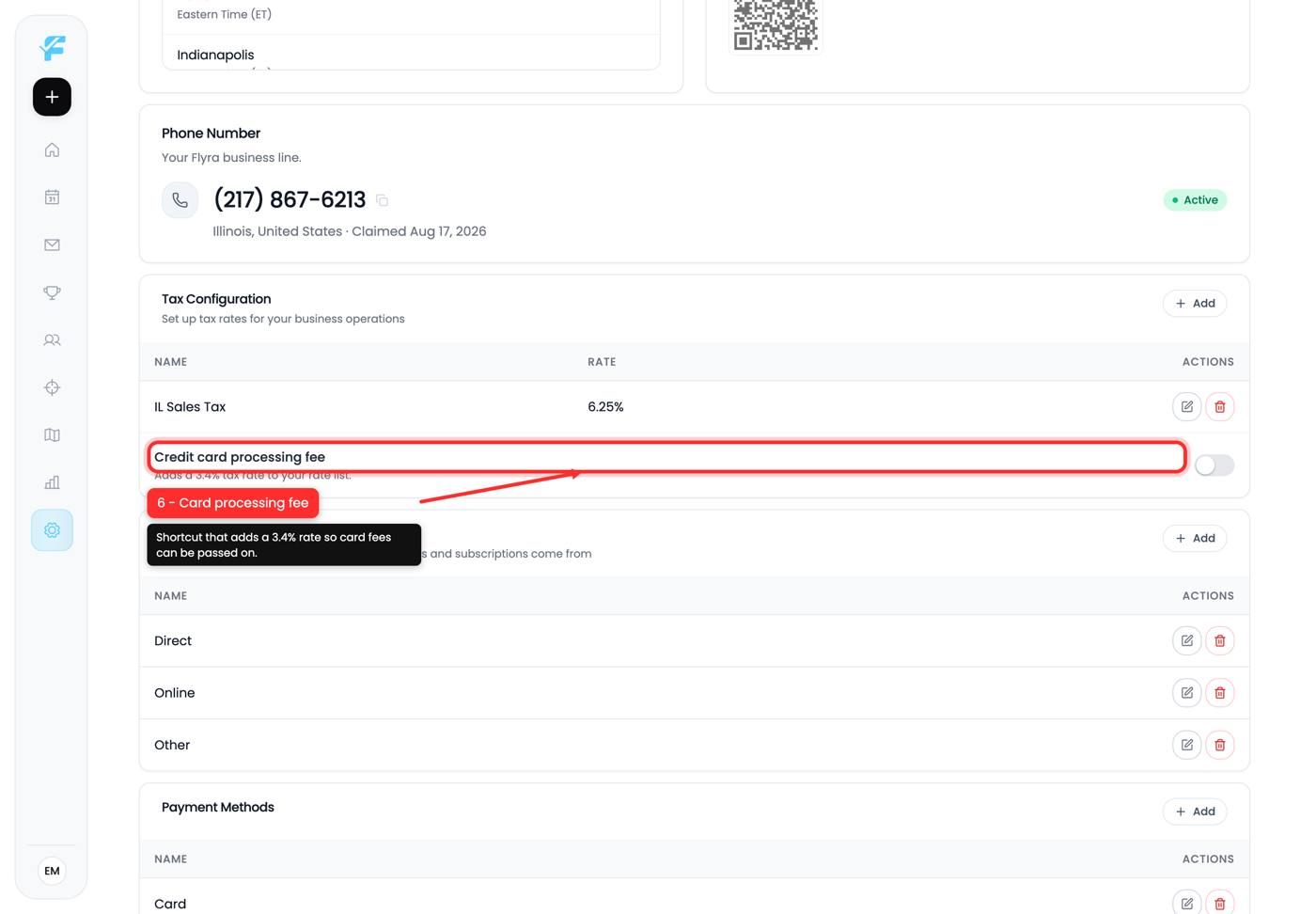 The Credit card processing fee toggle