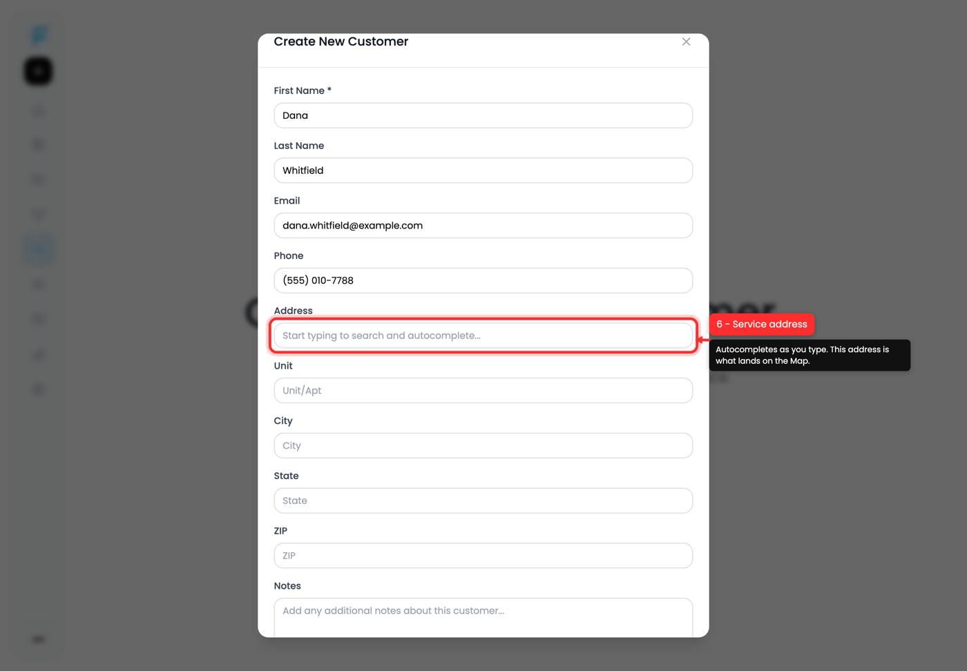 The service address field with autocomplete