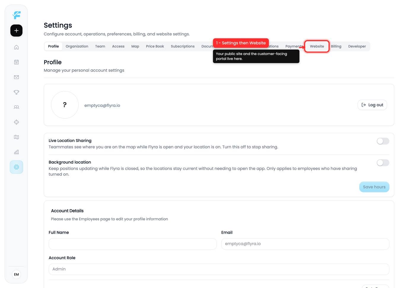 The Website tab in Settings