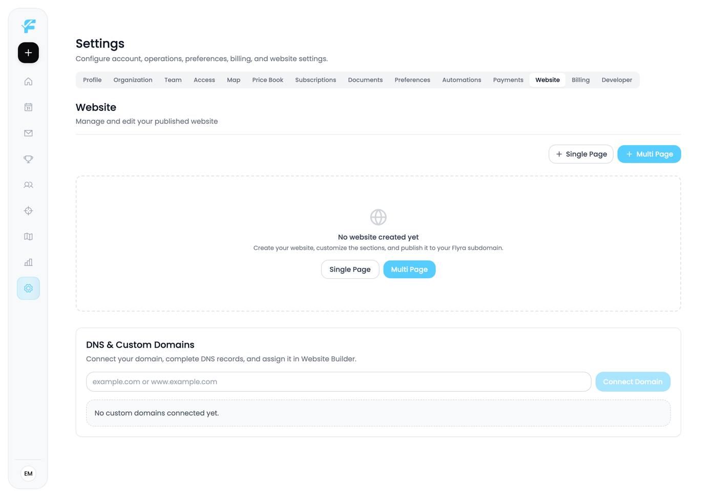 The Website settings page