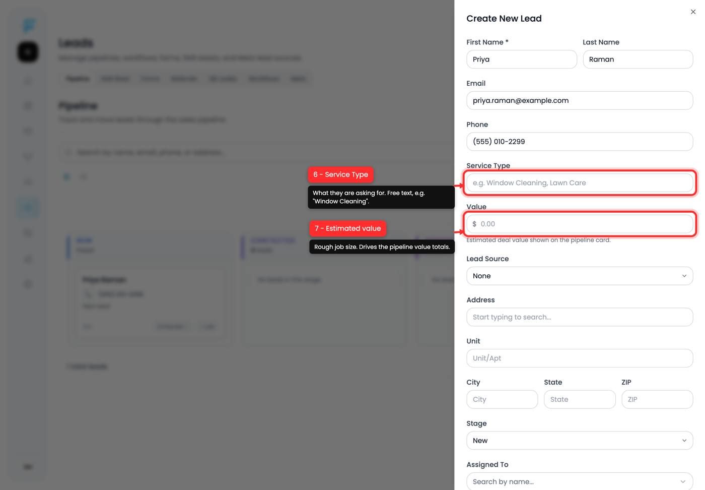 Service Type and estimated value