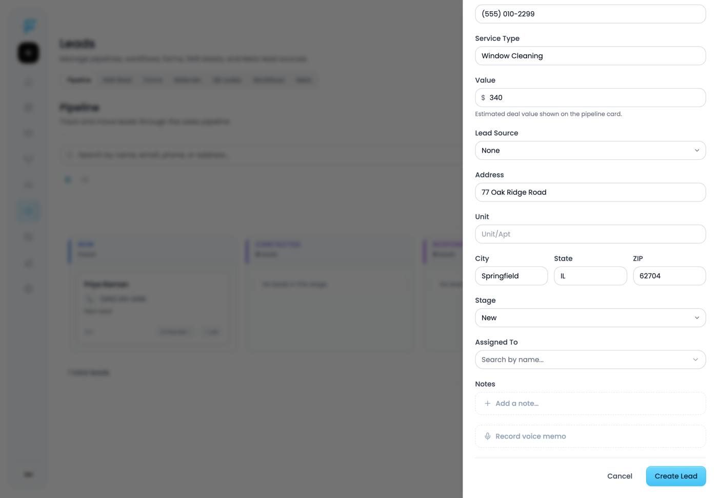 The completed lead form