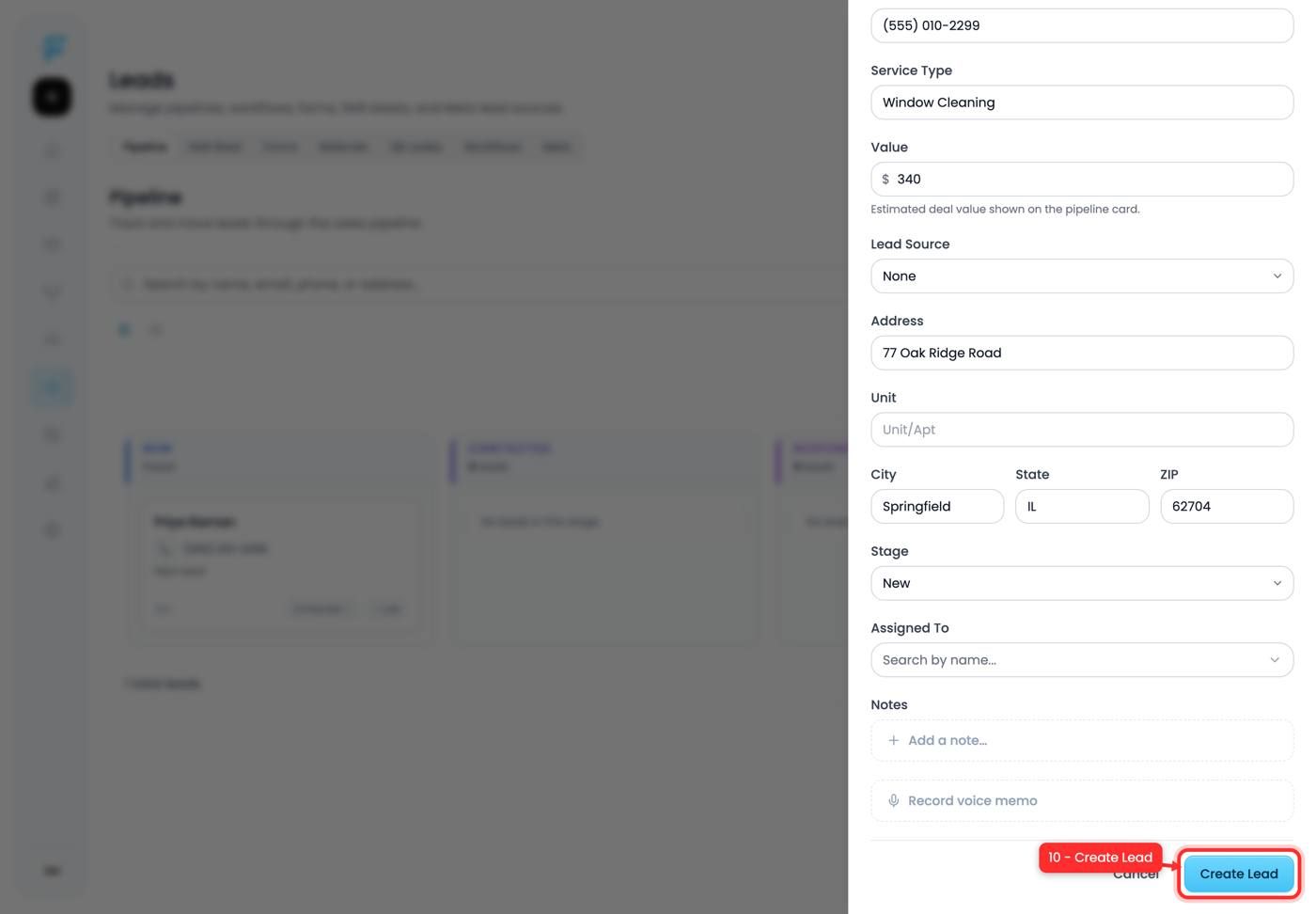 The Create Lead button