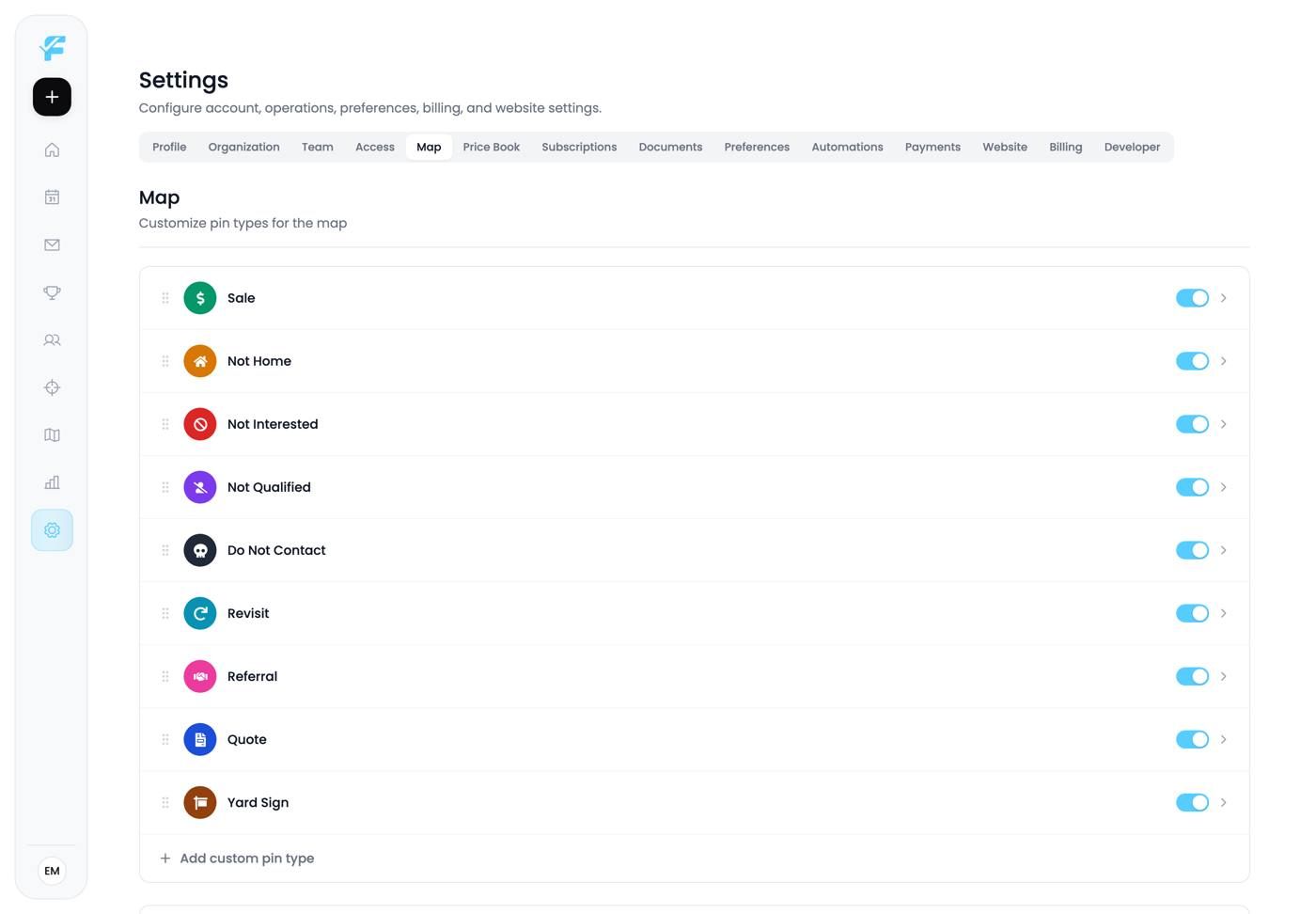 The pin types settings page