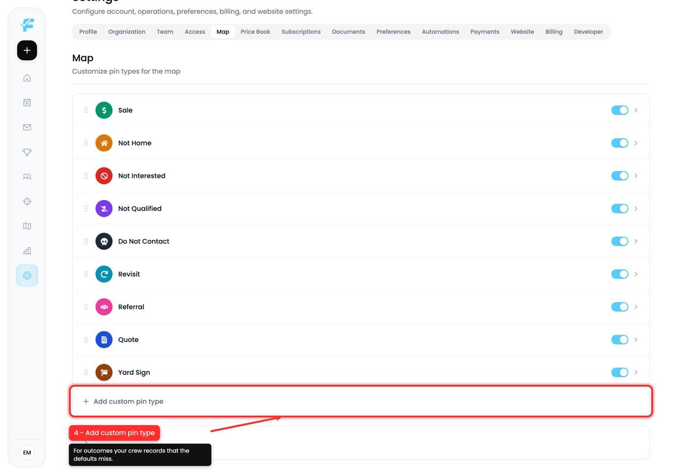 The Add custom pin type button