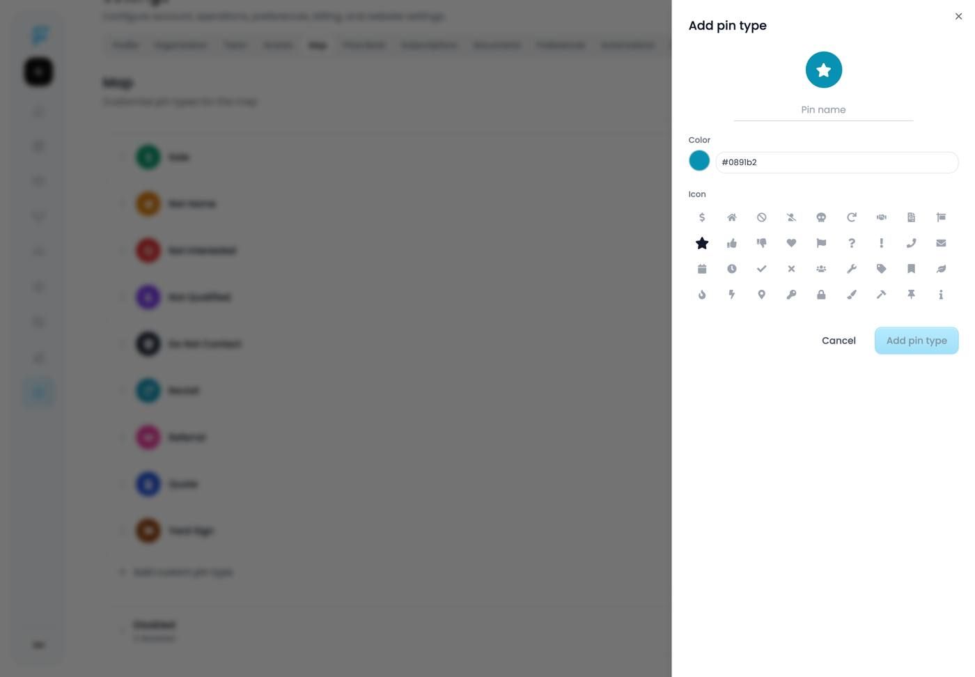 The custom pin type form