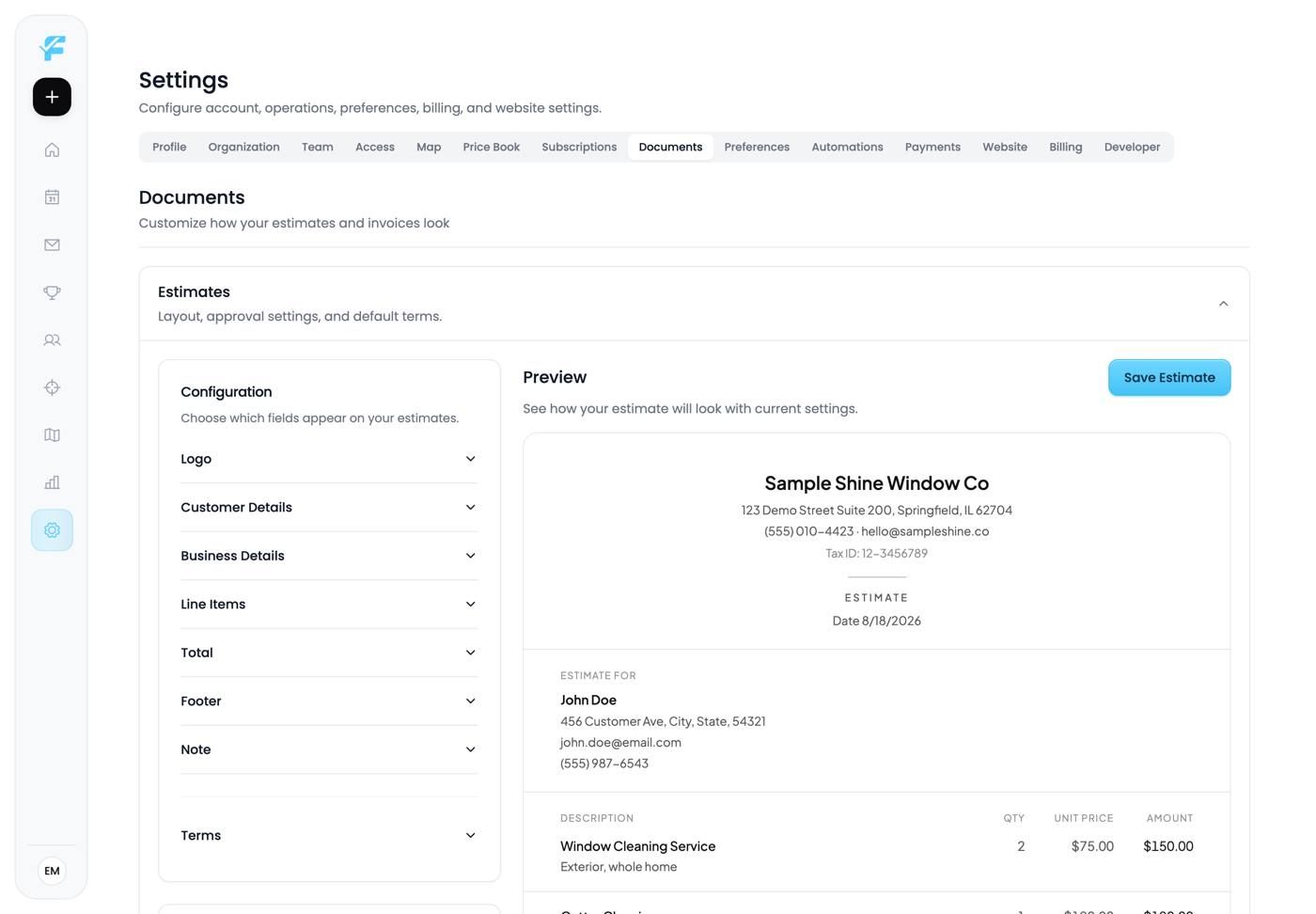 The Documents settings page
