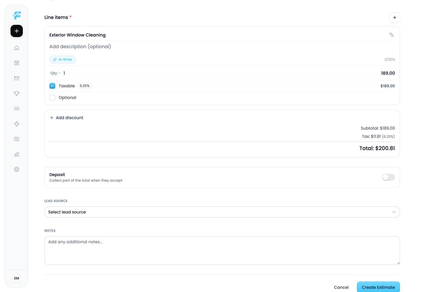 The completed estimate form