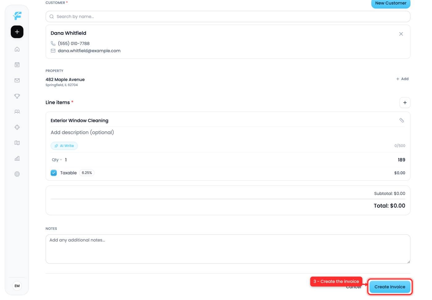 The Create Invoice button