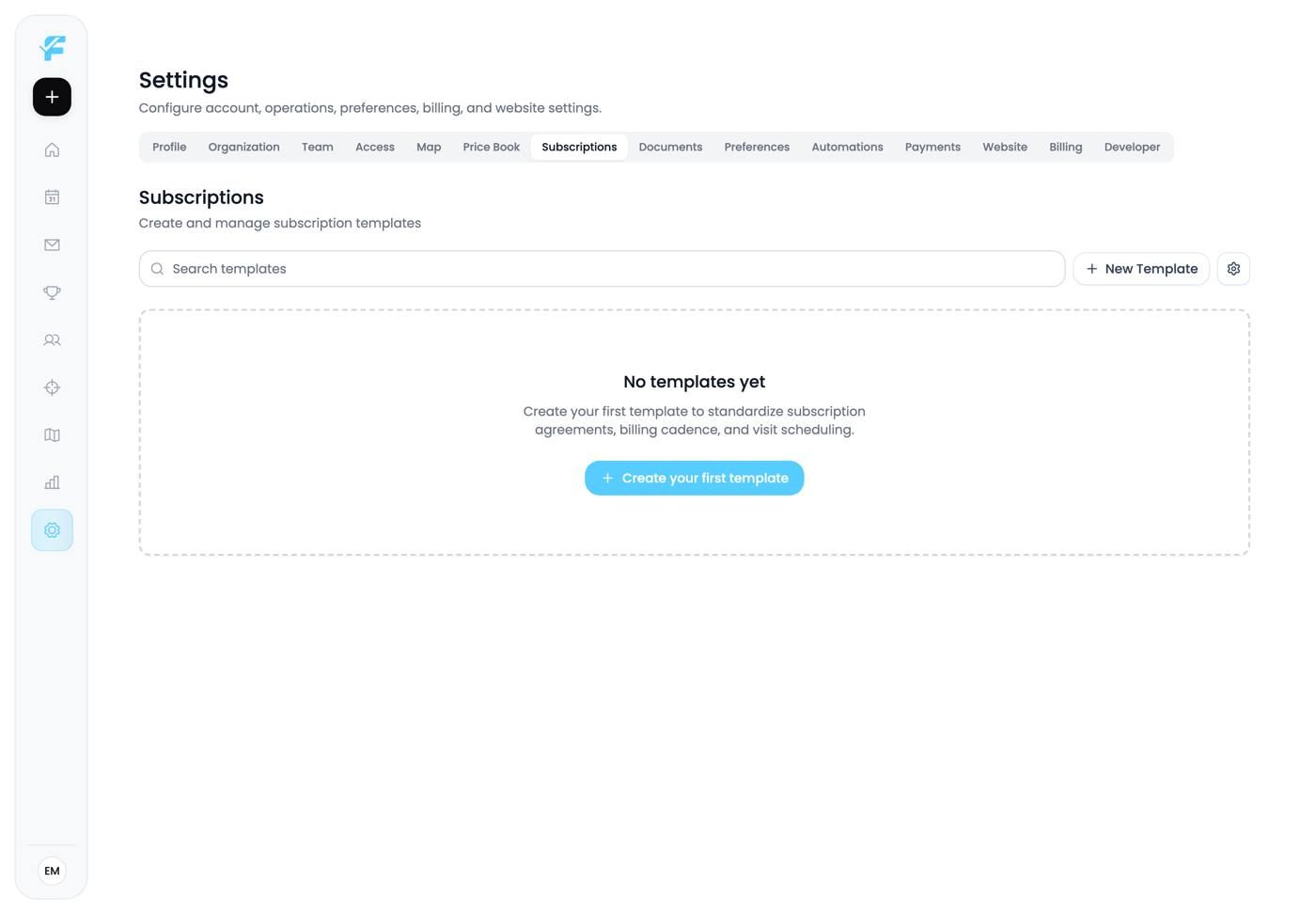 The Subscriptions settings page