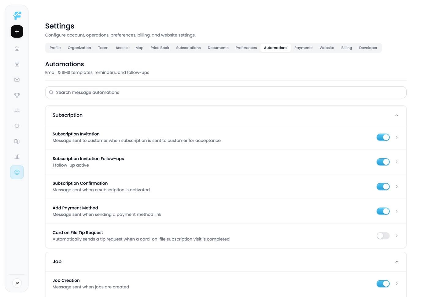 The Automations settings page