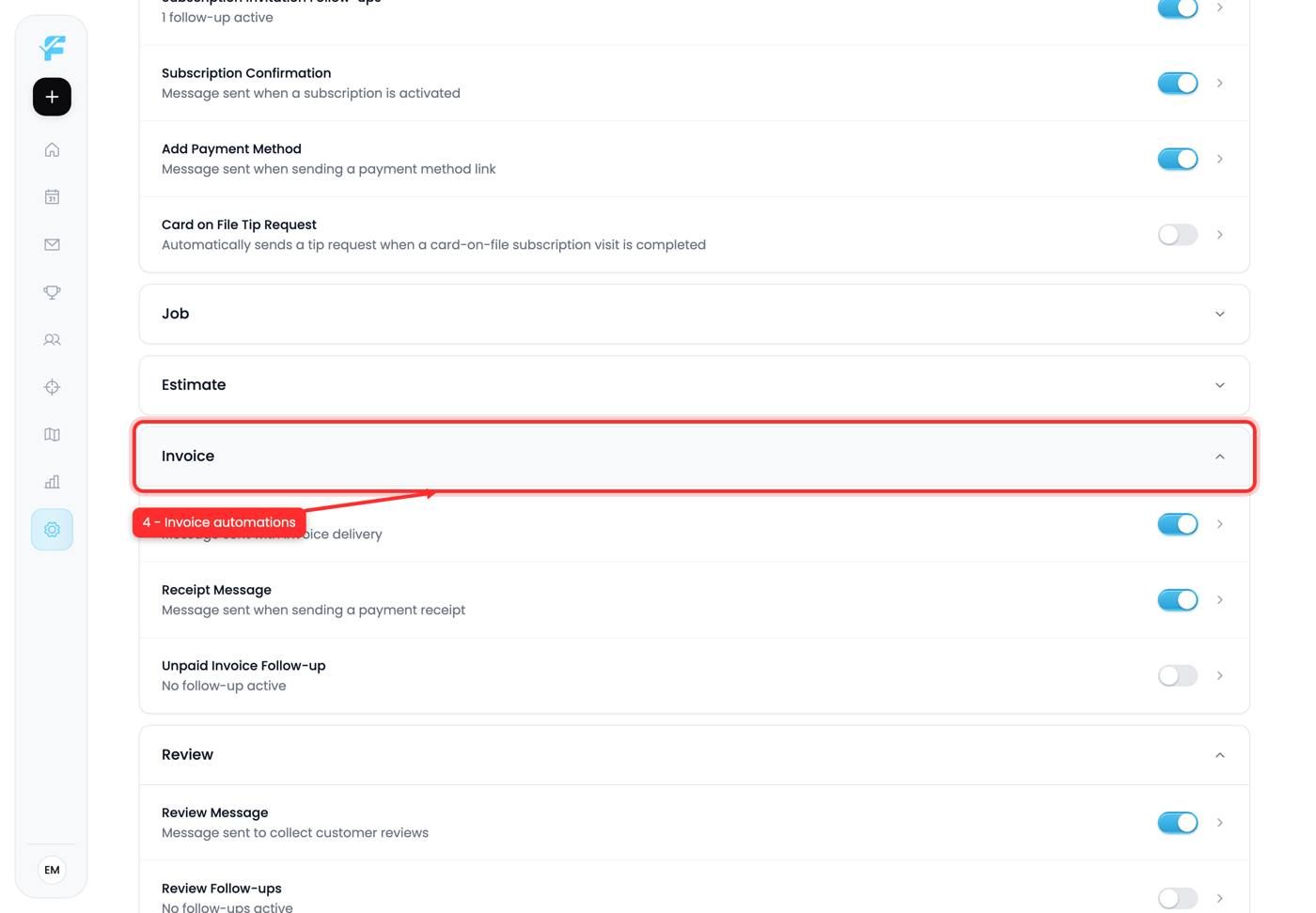 The Invoice automations tab
