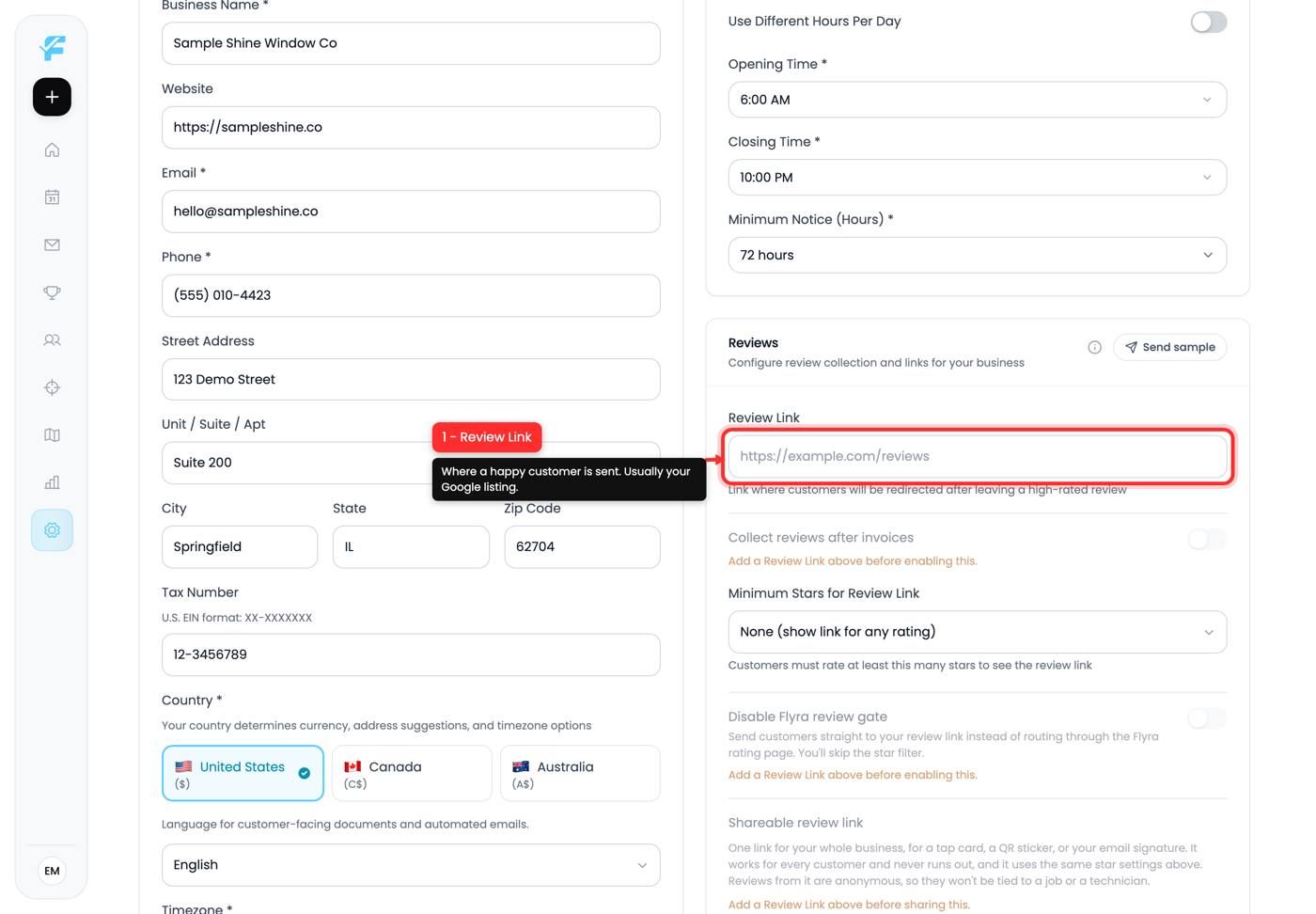 The Review Link field