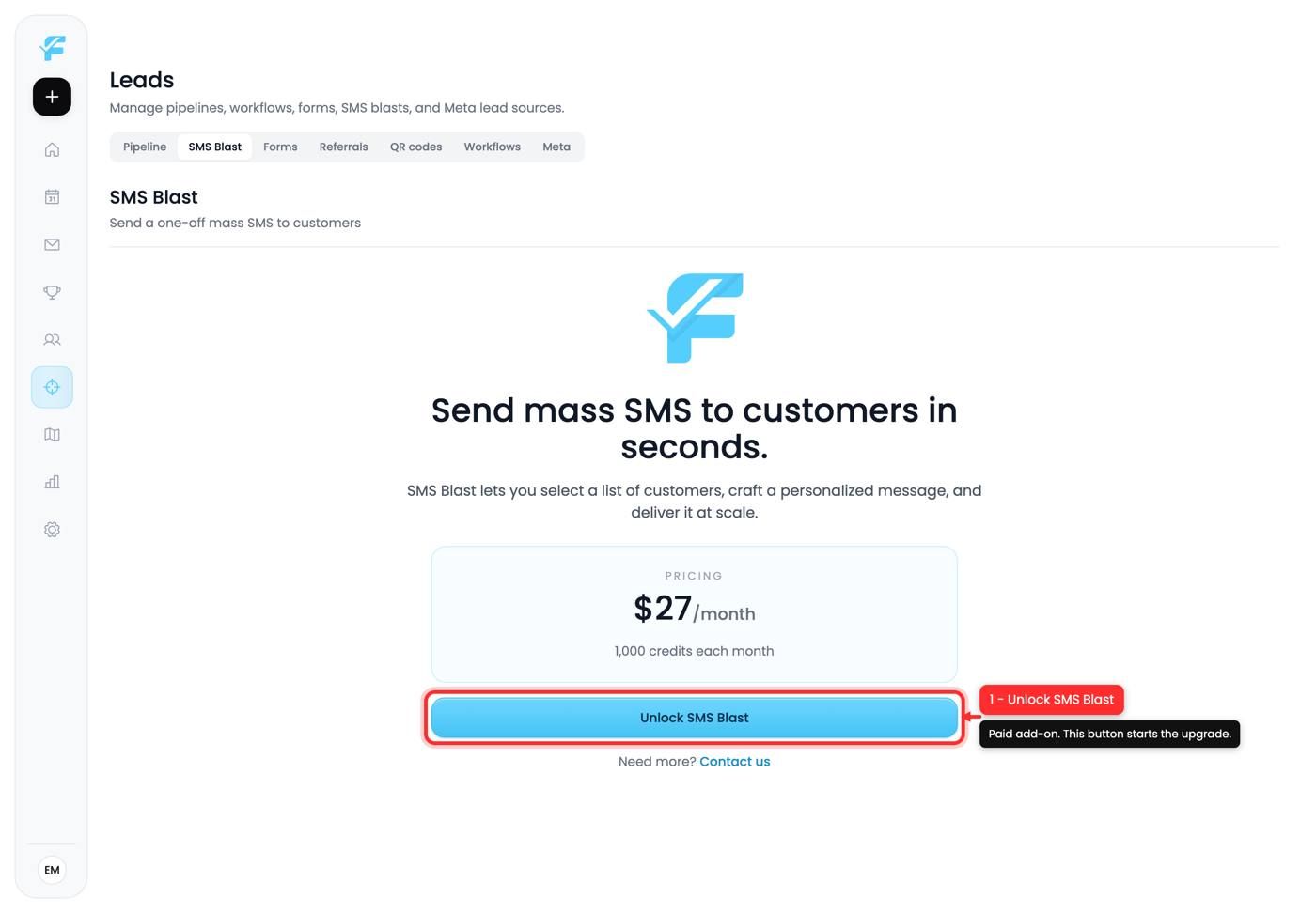 The upgrade button on the SMS Blast page