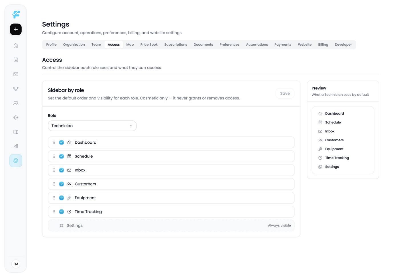 The Access settings page