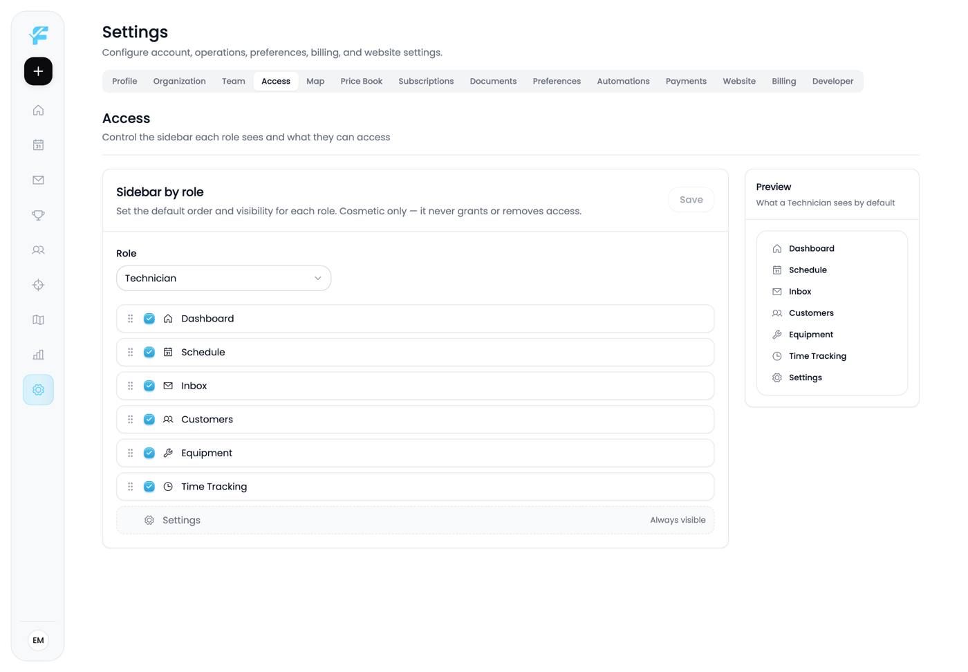 Reordering navigation items