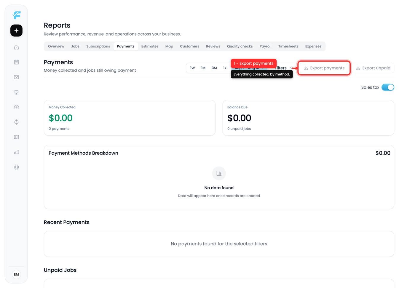 The Export payments button
