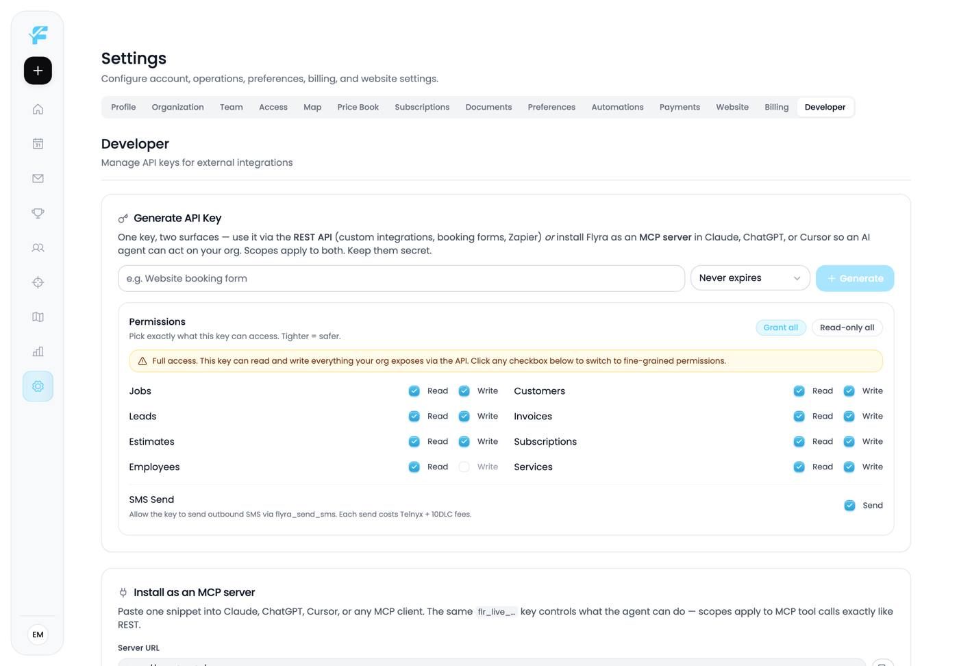 The Developer settings page