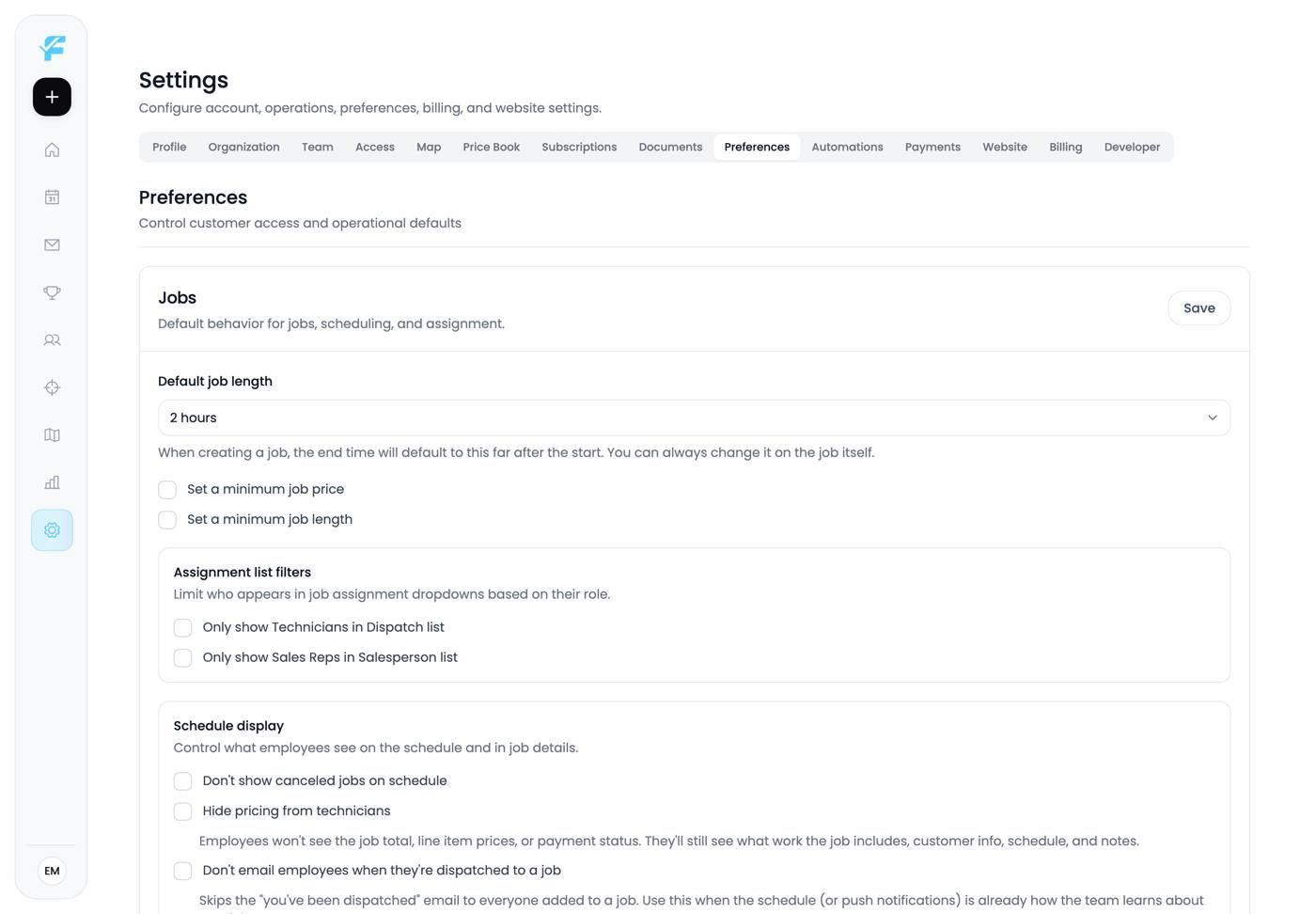 The Preferences page