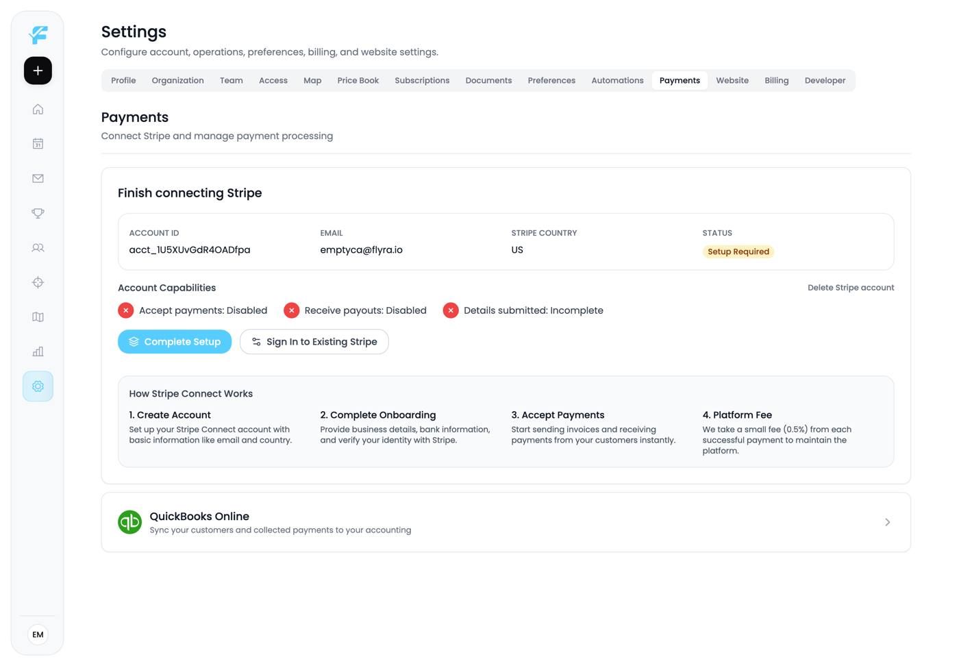 The Payments settings page