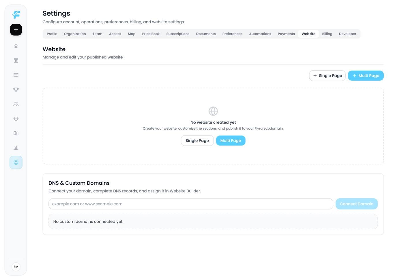 The Website settings page